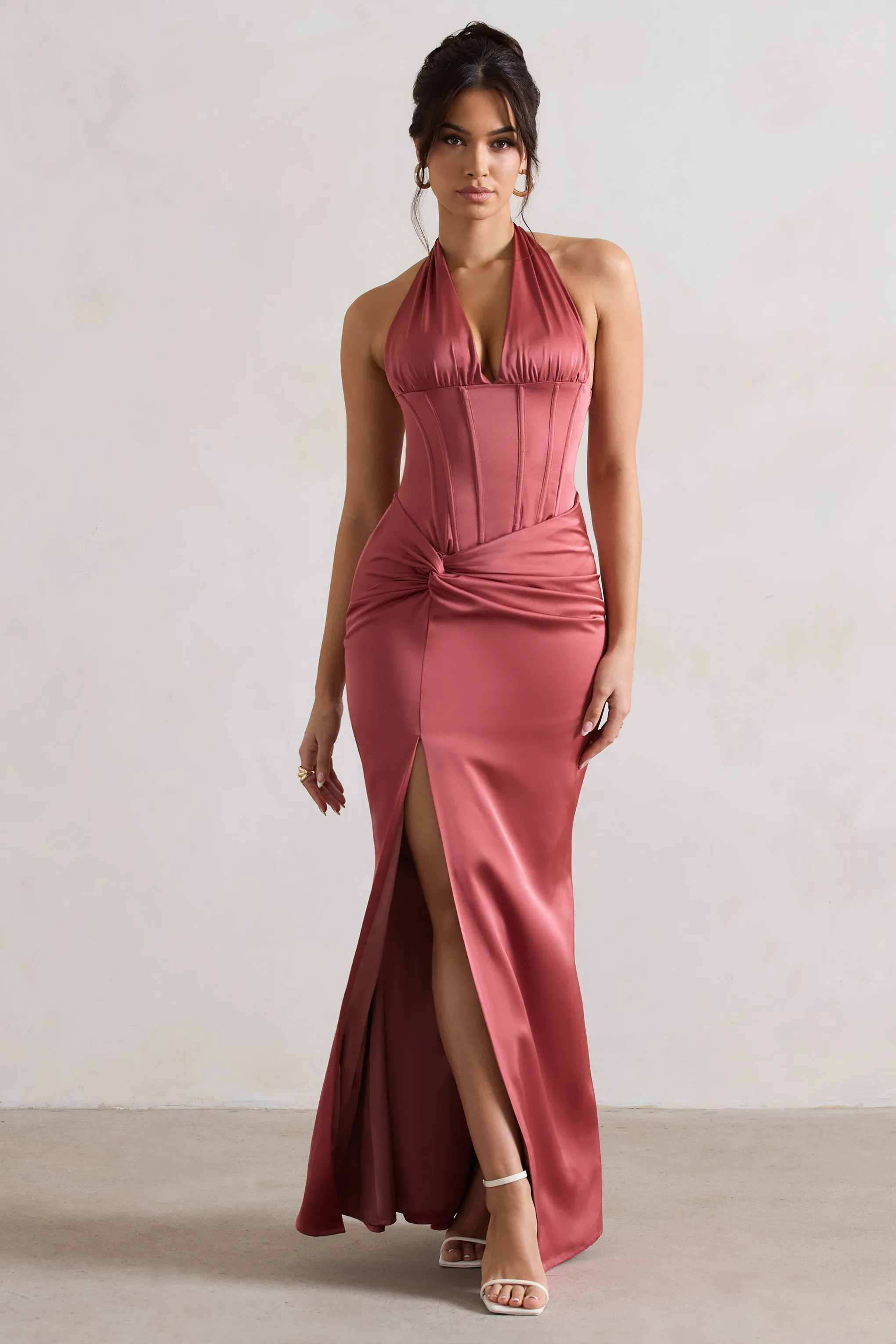 Sacha | Rose Pink Satin Corset Style Maxi Dress With Wrap Skirt