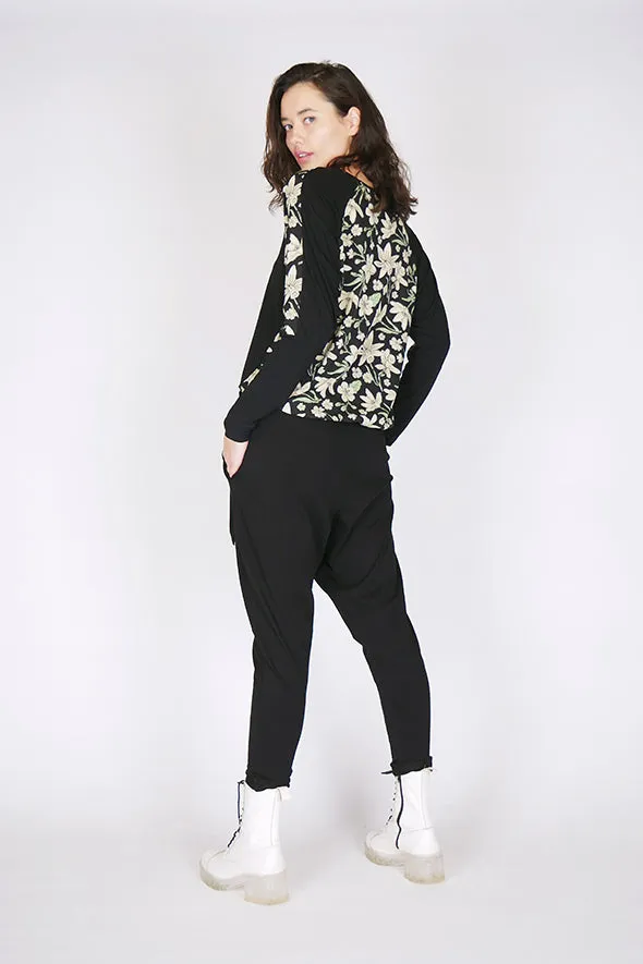 Scribble Green Floral Sleeve Black Top