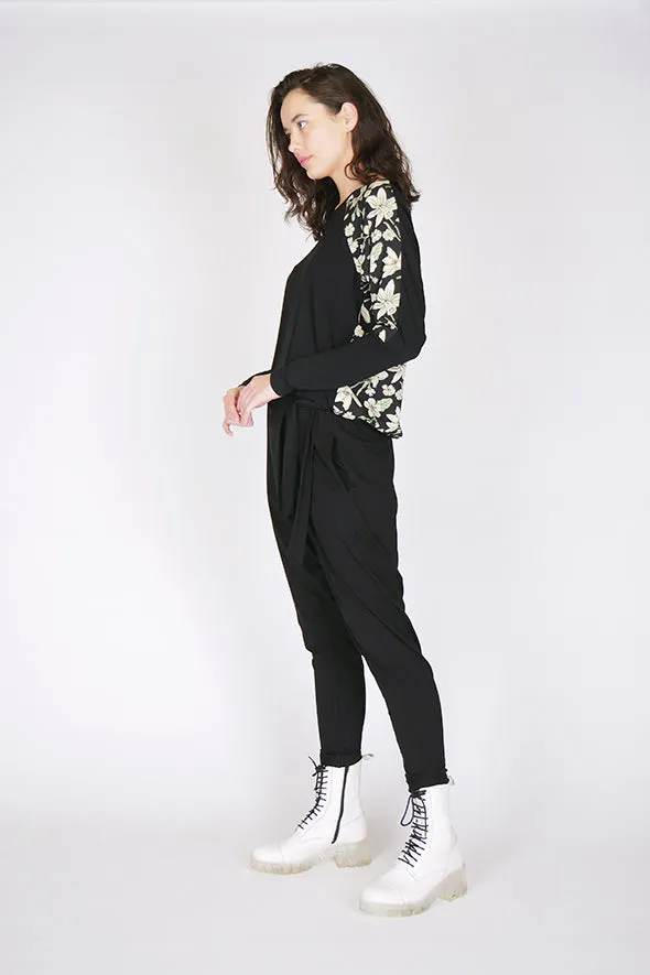 Scribble Green Floral Sleeve Black Top