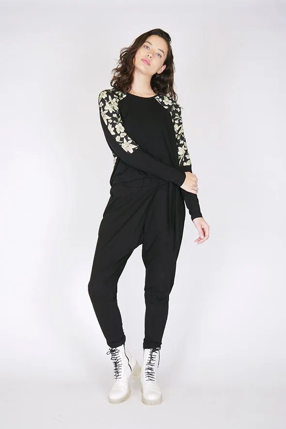 Scribble Green Floral Sleeve Black Top