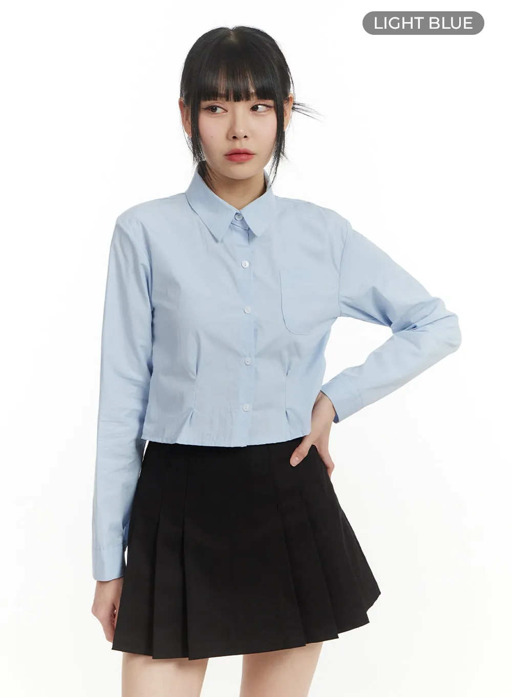 Solid Collar Cropped Long Sleeve Blouse IM406