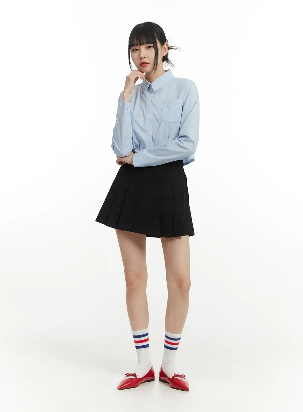 Solid Collar Cropped Long Sleeve Blouse IM406