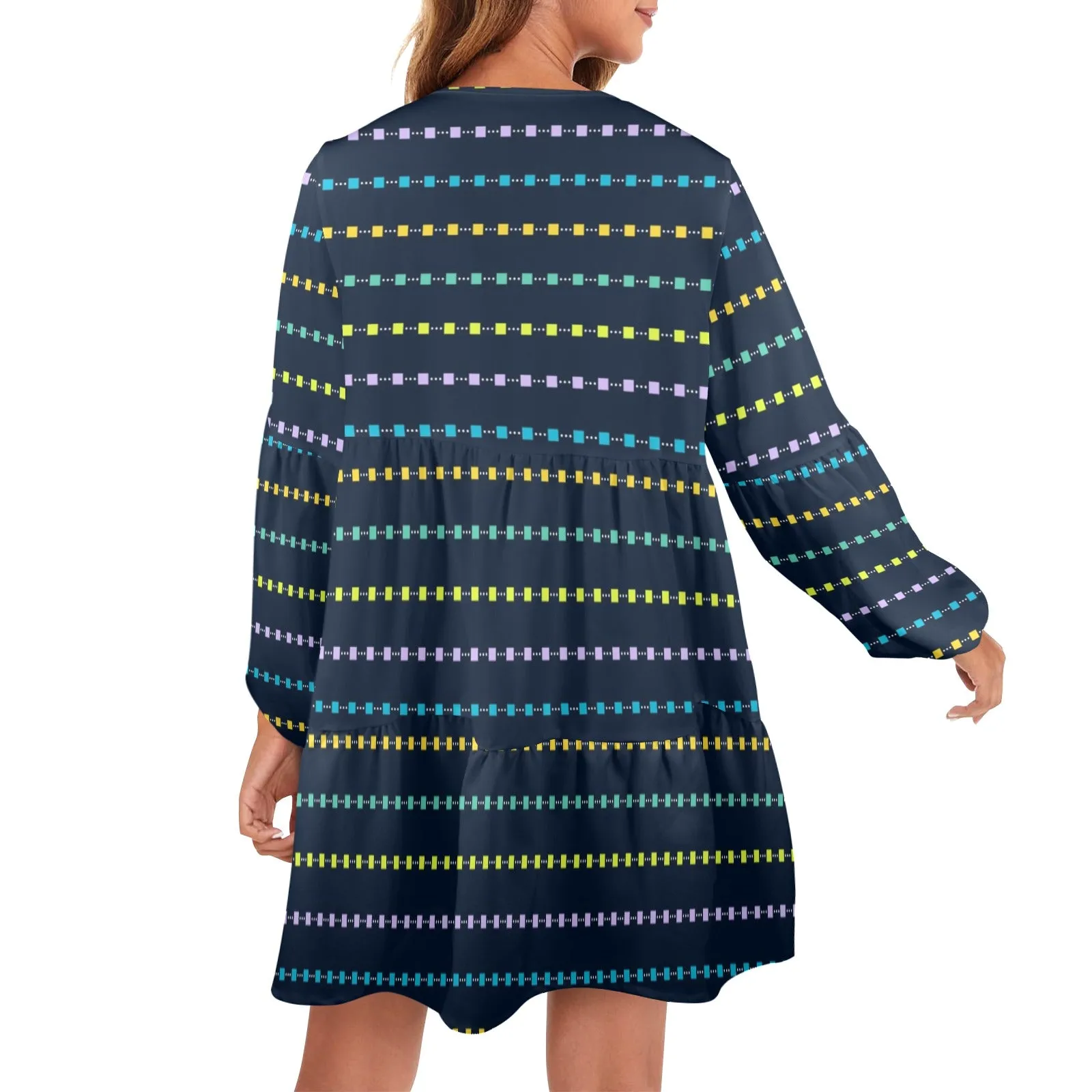 square multicolored print 10 A V-Neck Loose Fit Dress (Model D66)