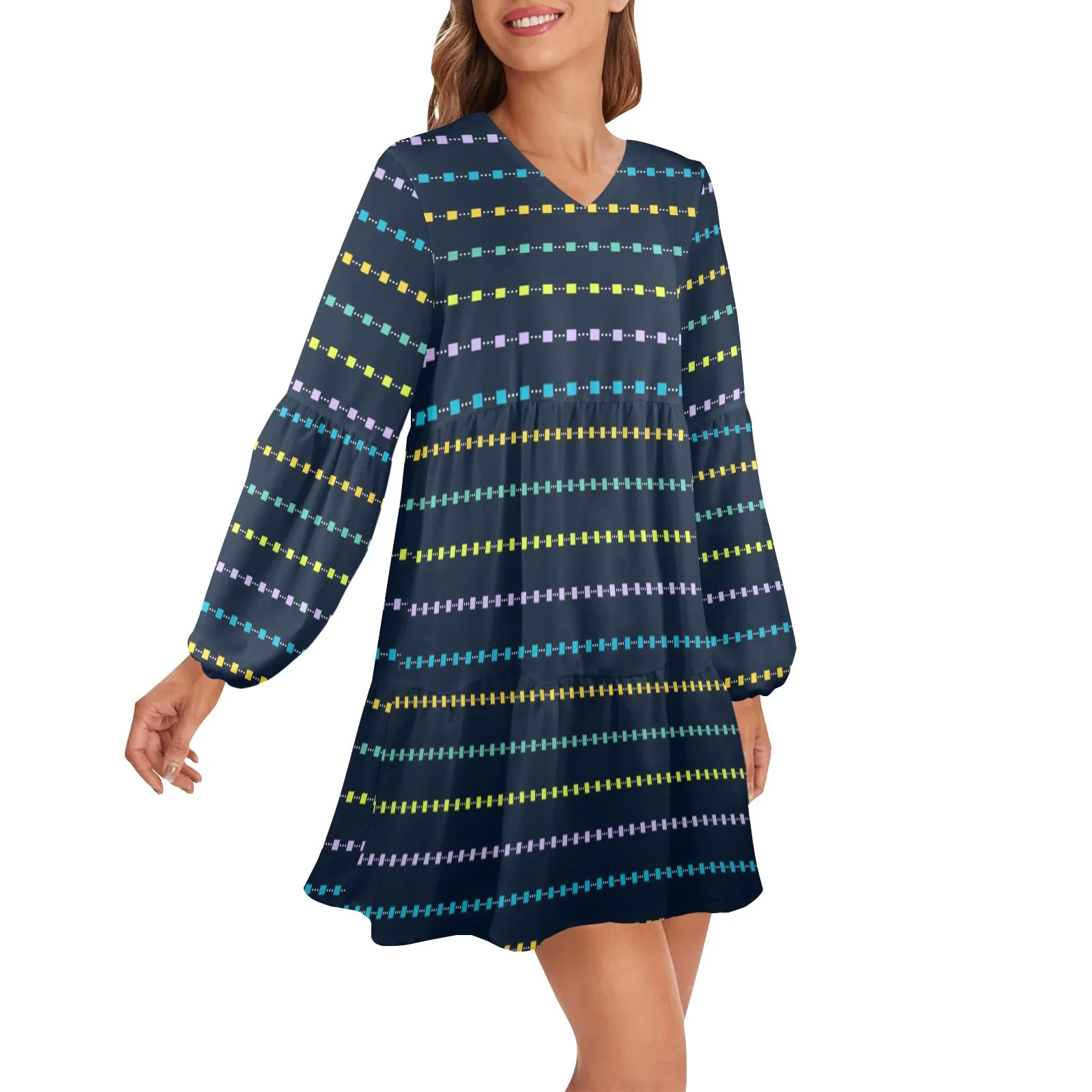 square multicolored print 10 A V-Neck Loose Fit Dress (Model D66)