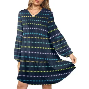 square multicolored print 10 A V-Neck Loose Fit Dress (Model D66)