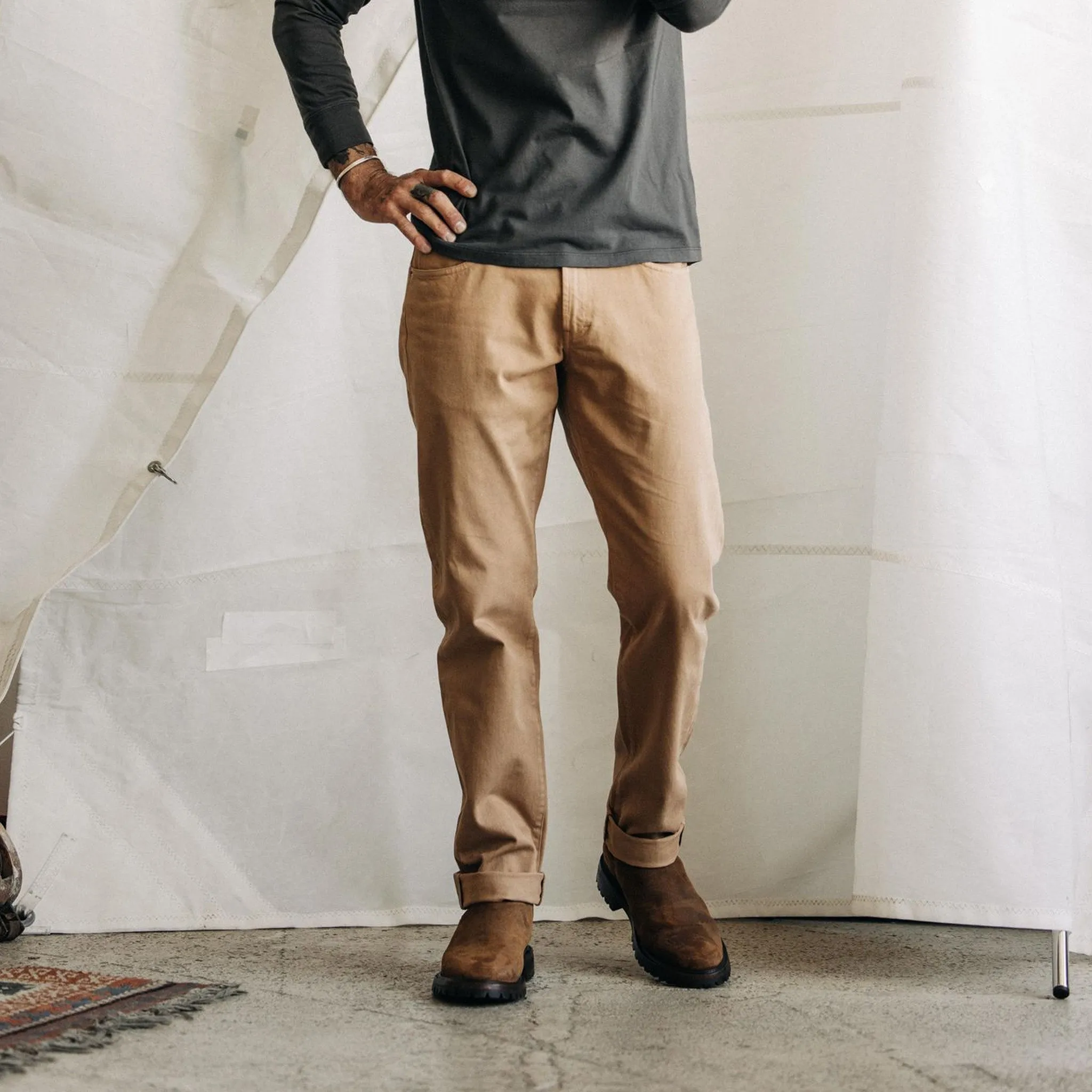 The Slim All Day Pant in Tobacco Selvage Denim