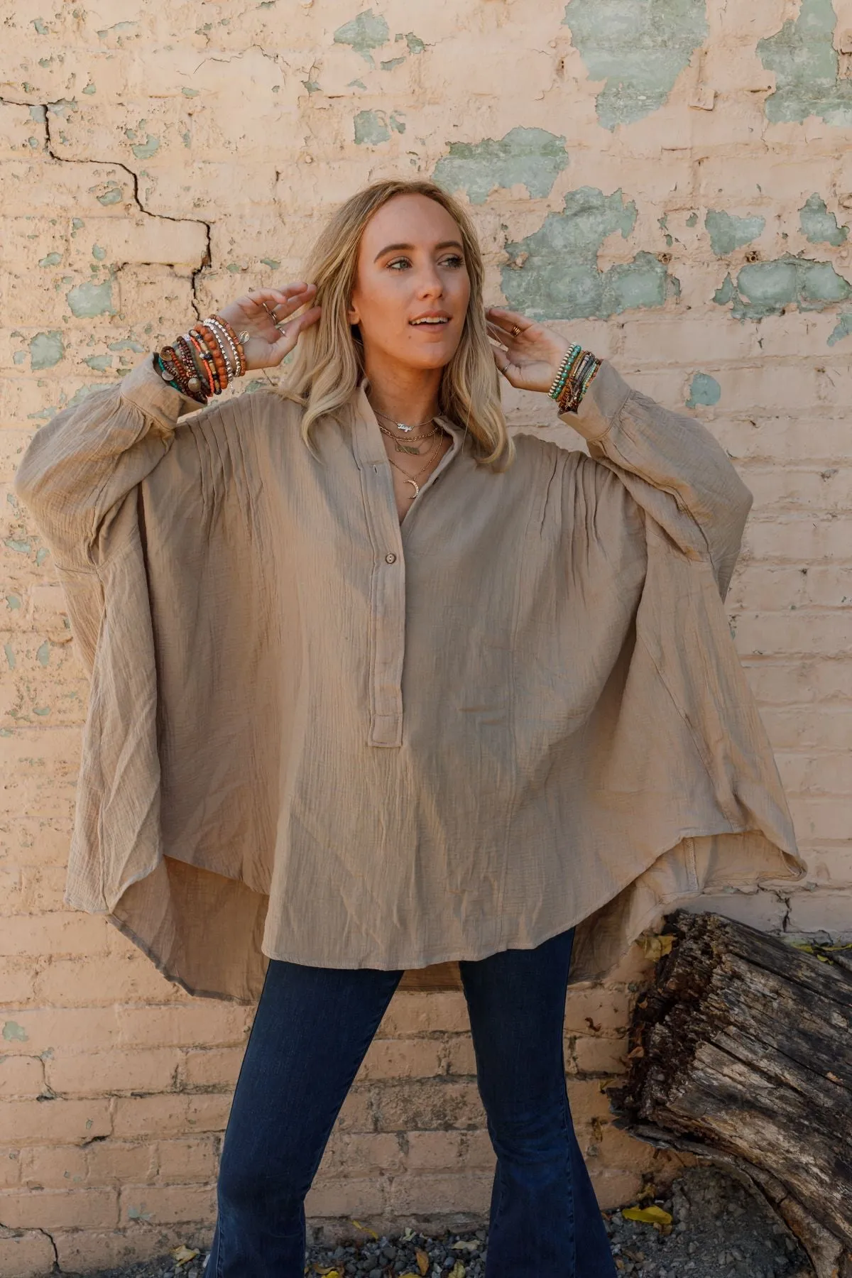 Top Notch Oversized Top - Taupe