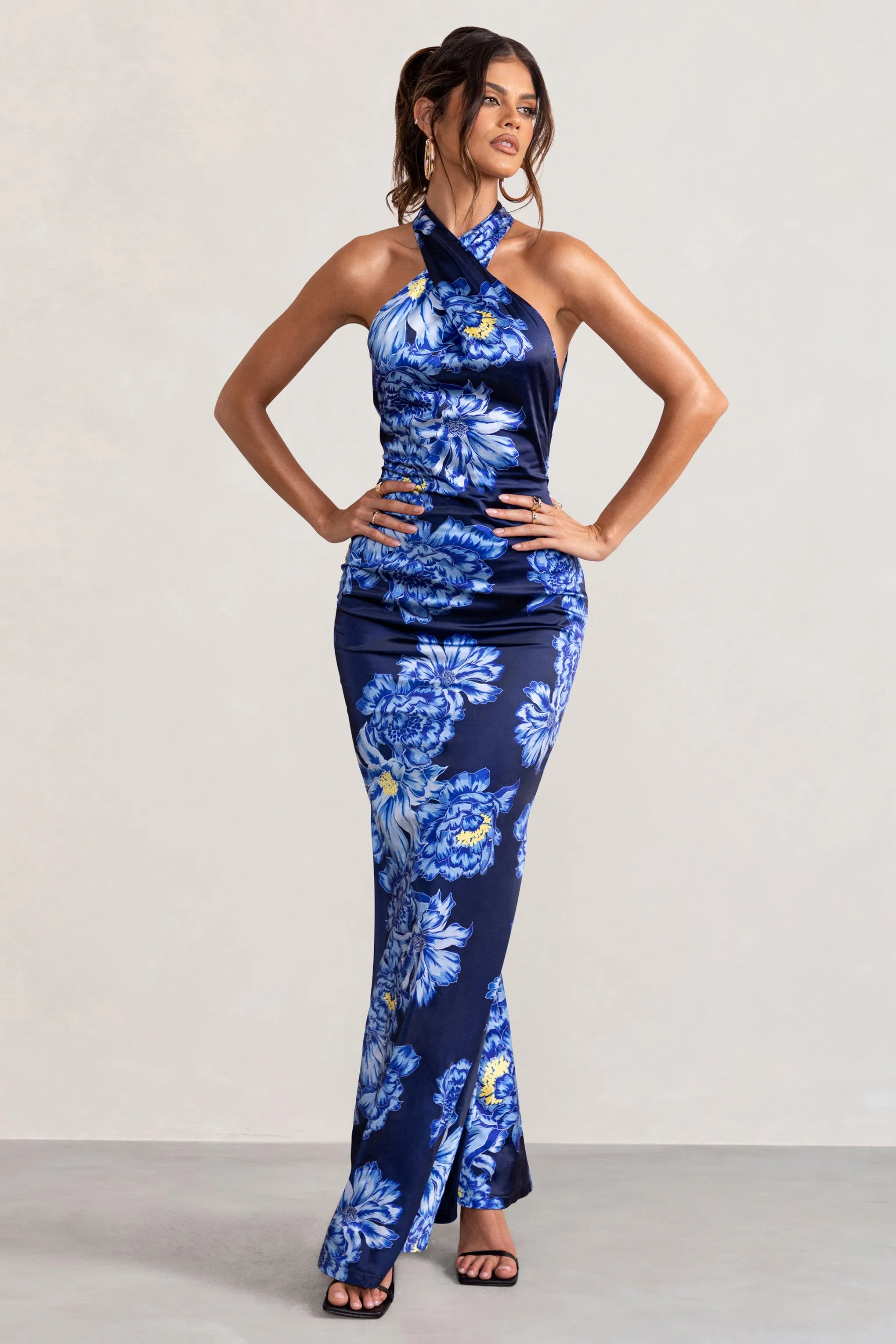 Unstoppable | Blue Floral Print Satin Cross Over Halter Neck Maxi Dress