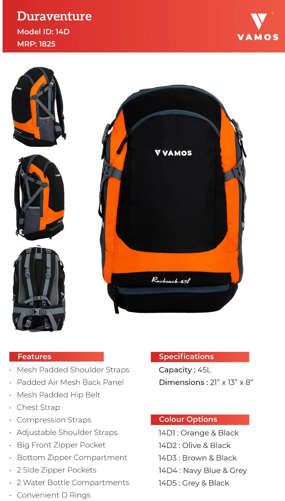 VAMOS Duraventure Travel Back Pack 14D1 - Capacity : 45L