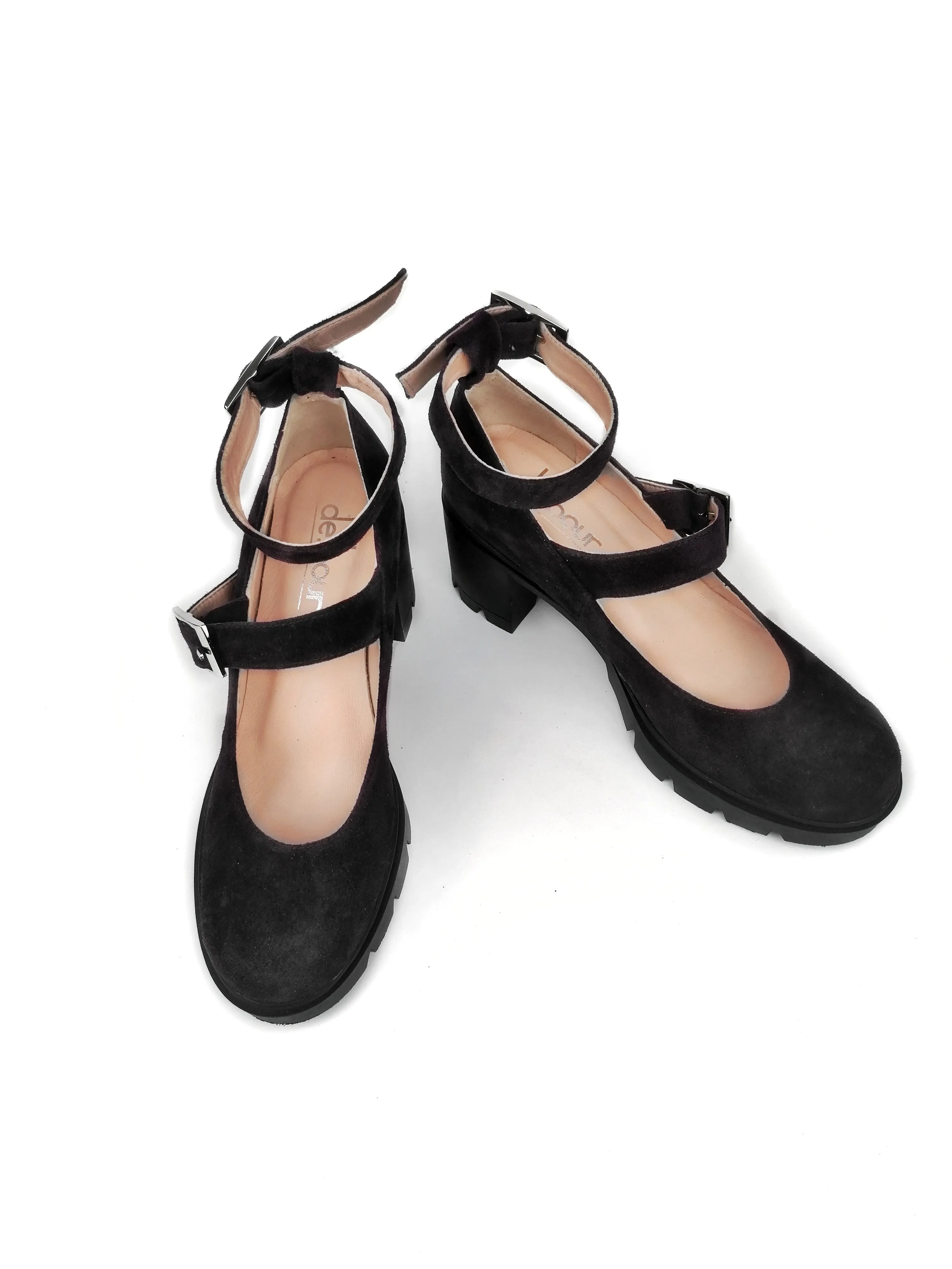 VERONICA BLACK SUEDE STRAPPY RUBBER HEELS (7,5cm)