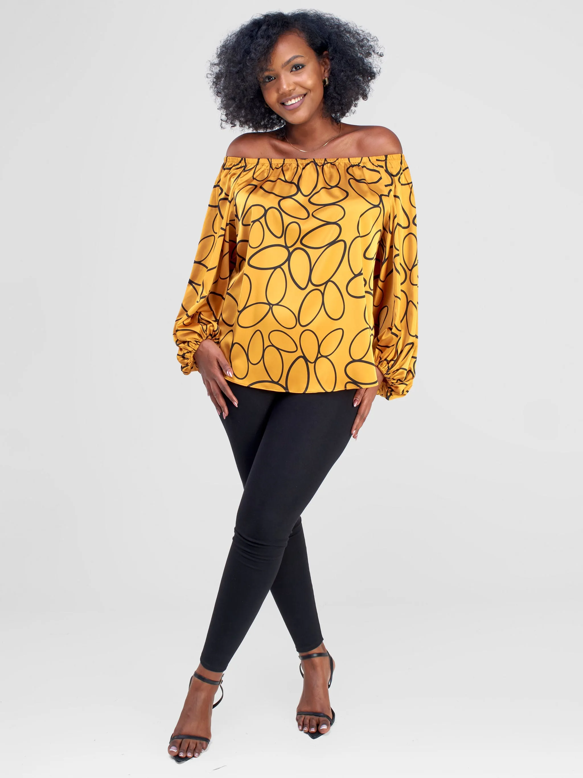 Vivo Hanabi Off - Shoulder Top - Mustard Koto Print