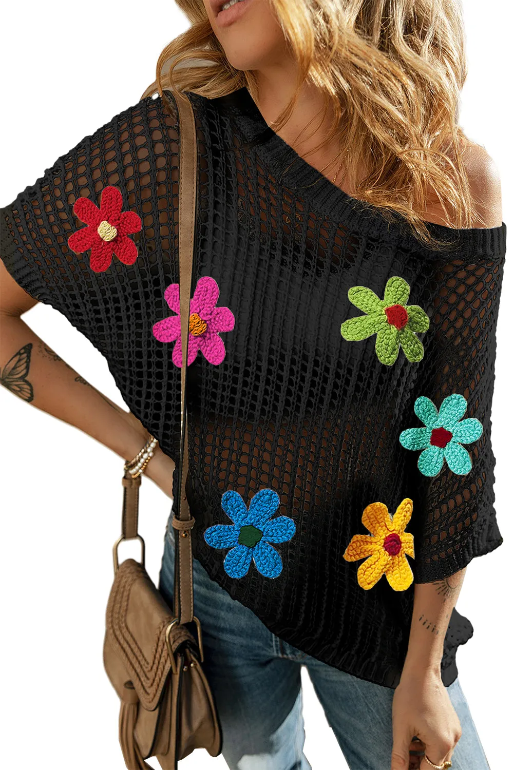 White Hollowed Crochet Colorful Flower Loose Knit T Shirt